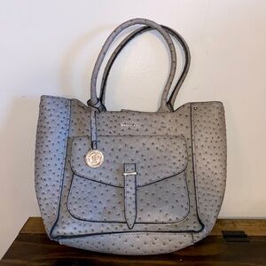 London Fog Faux Leather Ostrich Embossed Womens Shoulder Purse Bag Grey